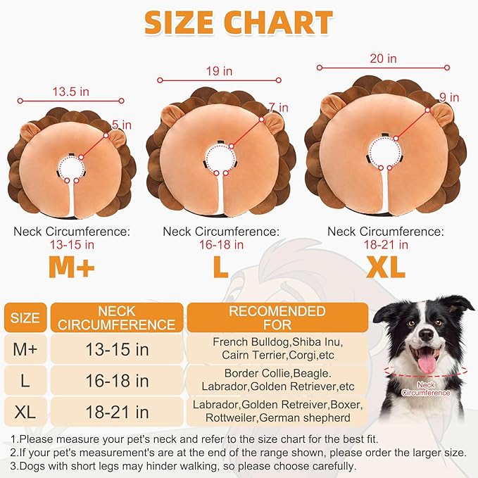 KOOLTAIL Inflatable Dog Cone Collar, Soft Donut E Collar for Dogs After Surgery to Stop Licking Enhanced Alternative, Blow Up Pet Neck Pillow Recovery Adjustable Cone for Dog Cat, Upgrade Size, Lion L