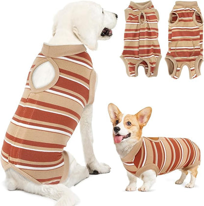Lukovee Recovery Suit for Dogs, Onesie Surgery Recovery Suit for Female Male Dogs, Abdominal Wounds Cone E-Collar Alternative Prevent Licking Spay Recovery Suit (Brown Stripes,M)