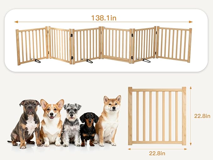YOCAN Paint-Free Wooden Freestanding Dog Gates with Door for The House,Doorways, Stairs,Wood Dog Fences Indoor Pet Gate,Step Over Fence-8 Panel