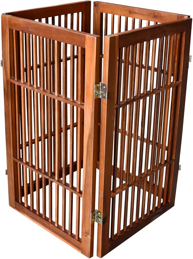 Urnporium Pet Dog Gate Freestanding, Strong Durable Folding Wooden Fence, Portable Acacia Hardwood Safety Barrier for Indoor & Outdoor Use (Brown Pet Gate, 4 Panel 30" Tall)