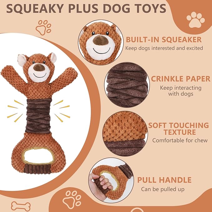 Letsmeet Squeaky Dog Toys - Plush Tug of War with Crinkle Paper, Interactive Pull Toy for Puppies to Large Dogs