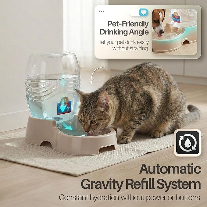 Flexzion Automatic Gravity Pet Waterer for Cat & Dog - Non-Skid & Easy-Clean Auto Replenish Water Dispenser Drinking Bowl (3/8 Gallon / 1.5L), Beige