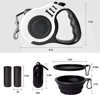 Retractable Dog Leash Automatic Telescopic Tractor Dog Tape, Pet Tape 10/16 FT Durable and Convenient, with Folding Bowl, Dispenser, Rubbish Bags, Suitable for Small and Medium Dogs