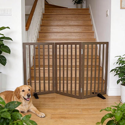 ZJSF Freestanding Indoor Dog Gate for House Foldable Wood Puppy Gate for Doorways Pet Gate for Stairs Extra Wide Pet Fence, Brown, 32" Height 3 Panels