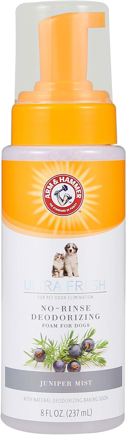 Arm & Hammer Ultra Fresh Waterless Dog Shampoo Foam with Baking Soda Deodorizer for Dogs, No Rinse Odor Control Grooming Foam for Between Baths, Pump Bottle Dog Shampoo, Juniper Mist Scent, 8 Fl Oz