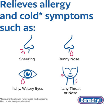 Benadryl Ultratabs Allergy Medicine, 25 mg Diphenhydramine HCl Antihistamine Tablets For Cold & Allergy Relief of Symptoms Like Sneezing, Runny Nose, Itchy Eyes & Throat, Hay Fever, 100 Count Tablets