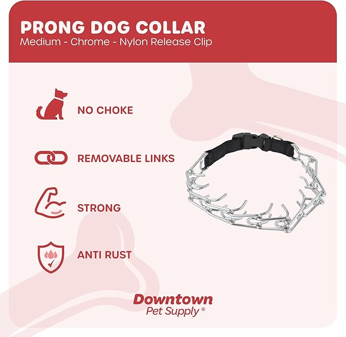 Downtown Pet Supply Chrome Plated/Nylon Prong Collar for Dogs, Medium - Adjustable, No-Choke and No Pull Dog Collar with Removable Links - Pinch Collar for Dogs 20-40 lbs and 20" Neck Width