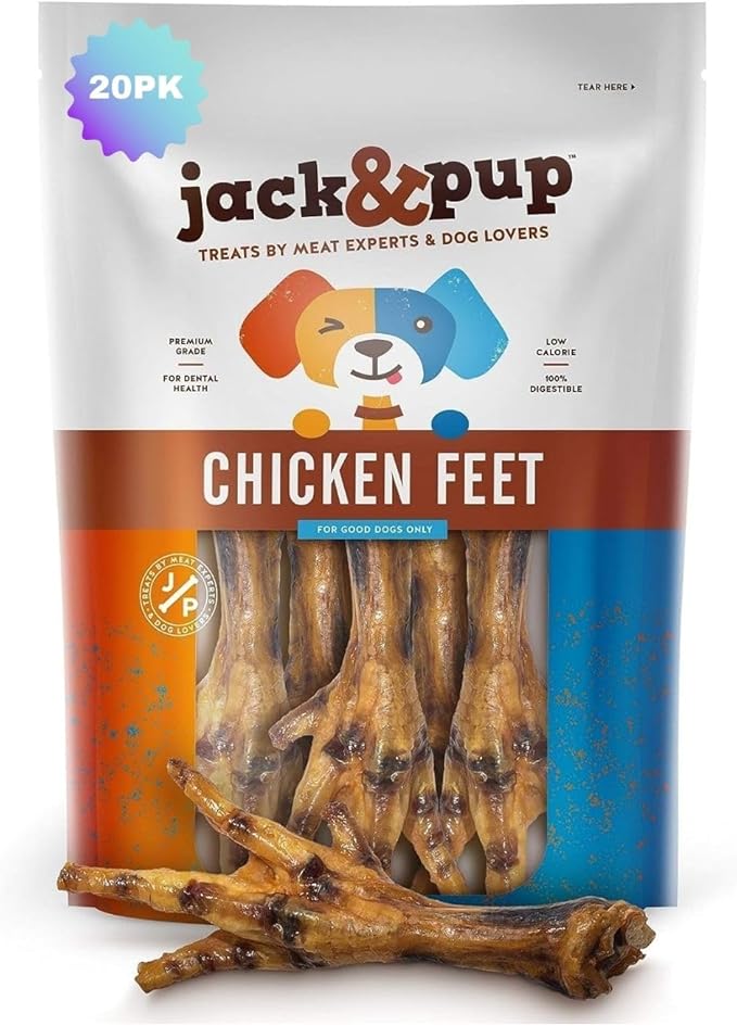 Jack&Pup Dried Chicken Feet Dog Treats | 100% Natural, Fully Digestible, Dehydrated Chicken Feet for Dogs High Protein, Joint Support (20 Pack) Economical Alternative to Duck Foot and Pig Ears