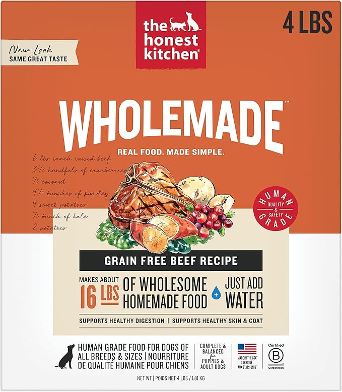The Honest Kitchen Human Grade Wholemade™ Dehydrated Dog Food, Grain Free Dog Food, Beef, 4 lb (makes 16lbs)