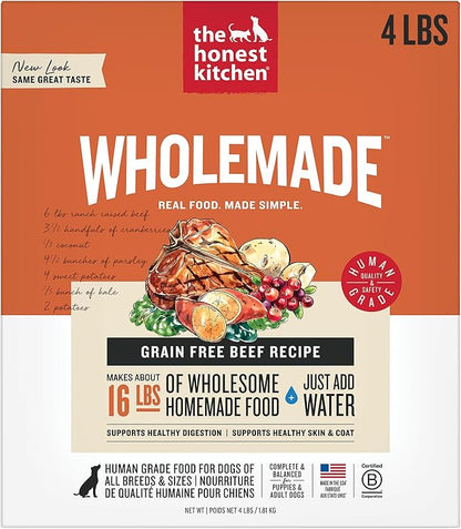The Honest Kitchen Human Grade Wholemade™ Dehydrated Dog Food, Grain Free Dog Food, Beef, 4 lb (makes 16lbs)