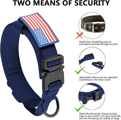 DAGANXI Tactical Dog Collar, Adjustable Military Training Nylon Dog Collar with Control Handle and Heavy Metal Buckle for Medium and Large Dogs, with Patches and Airtags Case (Midnight Blue, XXL)