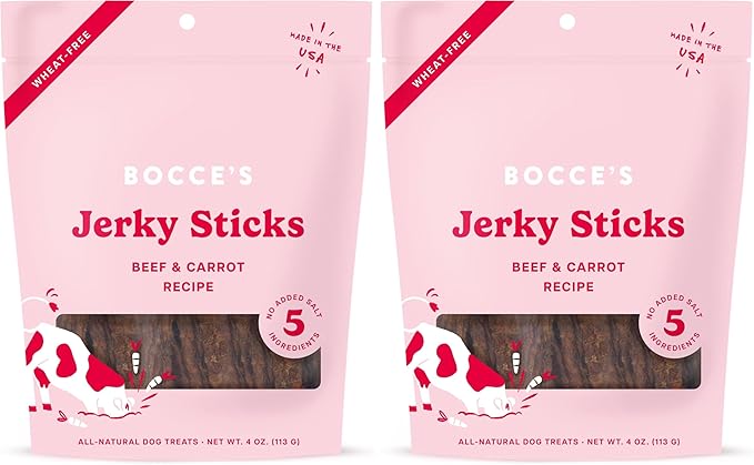 Bocce's Bakery Jerky Stick Dog Treats,Wheat-Free,Made with Limited-Ingredients,Baked in The USA with No Added Salt or Sugar,All-Naural & High-Protein,Beef & Carrot Recipe,4 oz,(Pack of 2)