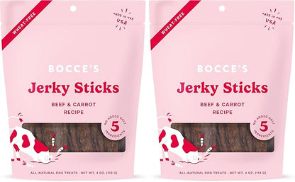 Bocce's Bakery Jerky Stick Dog Treats,Wheat-Free,Made with Limited-Ingredients,Baked in The USA with No Added Salt or Sugar,All-Naural & High-Protein,Beef & Carrot Recipe,4 oz,(Pack of 2)