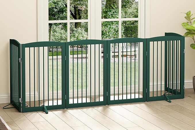 PUPETPO Freestanding Pet Gate for Dogs, Foldable Wooden Dog Gate for House, Extra Wide Indoor Pet Barrier for Stair, Doorway, Hall, Support Feet Included, 120 Inch Wide, 6 Panels 24",Green