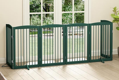 PUPETPO Freestanding Pet Gate for Dogs, Foldable Wooden Dog Gate for House, Extra Wide Indoor Pet Barrier for Stair, Doorway, Hall, Support Feet Included, 120 Inch Wide, 6 Panels 24",Green