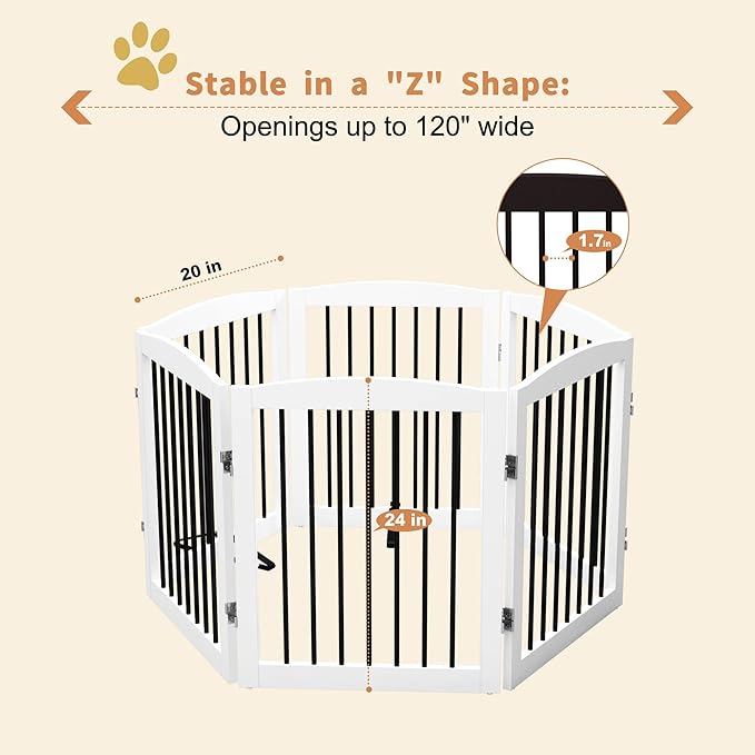 PUPETPO Freestanding Pet Gate for Dogs, Foldable Wooden Dog Gate for House, Extra Wide Indoor Pet Barrier for Stair, Doorway, Hall, Support Feet Included, 120 Inch Wide, 6 Panels 24", White