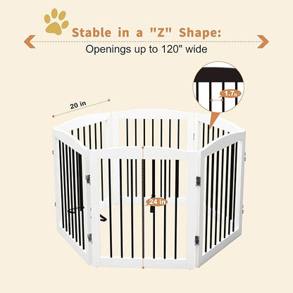 PUPETPO Freestanding Pet Gate for Dogs, Foldable Wooden Dog Gate for House, Extra Wide Indoor Pet Barrier for Stair, Doorway, Hall, Support Feet Included, 120 Inch Wide, 6 Panels 24", White
