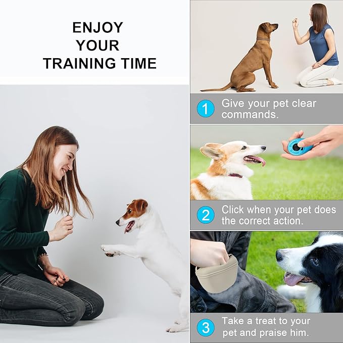 Left&Right Dog Clicker Training Kit,Silicone Dog Training Treat Pouch and Dog Clickers,Dog Treat Bag with Clicker Training for Dogs,Pet Treat Bag with Magnetic Buckle Closing and Waist Clip,Beige