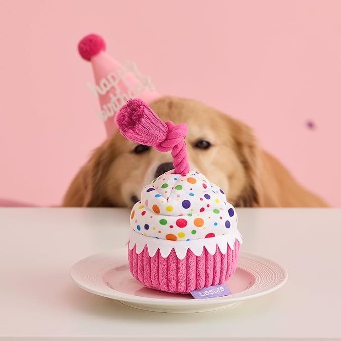 LE SURE Dog Birthday Cake Toy - Cute Squeaky Dog Toy for Gentle Chewers with Interactive Tug Rope, Plush Interactive Toy for Adult Dogs Birthday Party, Standard, Pink