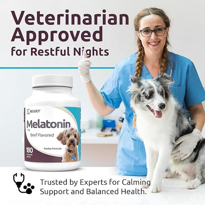 K9 Select Melatonin for Dogs - Calming Chews - Dog Melatonin for Sleep - Reduce Stress, Helps Overall Health Composure Calming Treats for Small Dogs - 1 mg, 180 Beef Flavored Chewable Tablets