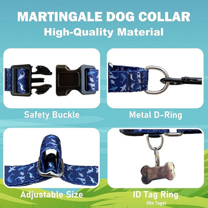 Martingale Collar for Dogs with Buckle Heavy Duty Boy Dog Collar for Medium Dogs, Deep Blue Shark