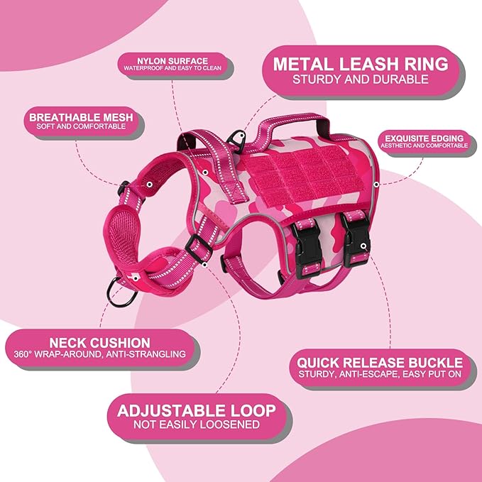 Dog Harness for Large Dogs Heavy Duty, No Pull Tactical Dog Harness with Molle System, Easy On and Off Service Dog Vest, Breathable Padded, Adjustable Reflective Pet Vest for Walking Hiking Training