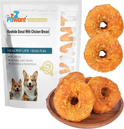 Dog Treats Long Lasting for Large Dog Clean Teeth Chicken Wrapped Rawhide Donuts 0.5lb/227g
