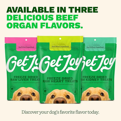 Get Joy Freeze Dried 100% Beef Heart Dog Treats, 16oz | Single Ingredient Organ Meat, High Protein Raw Dog Food Topper, Snack & Training Rewards | Grain Free, Gluten Free, Filler Free