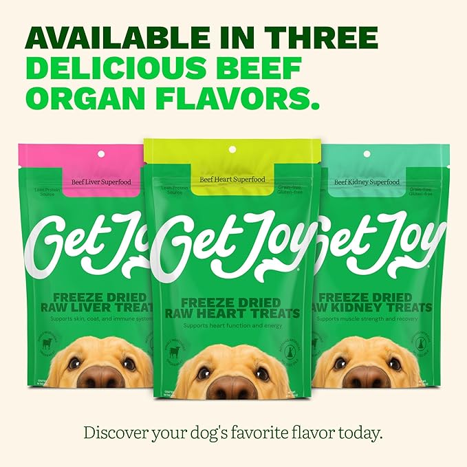 Get Joy Freeze Dried Dog Treats, 100% Beef Heart, 4 Ounce Bag (Pack of 3), Single Ingredient Organ Meat, High Protein, Heart Health, Energy, Grain Free, Gluten Free, Made in USA