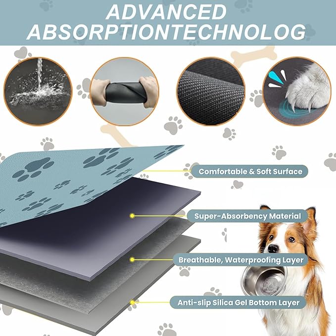 Pet Feeding Mat Dog Cat Food Mat Absorbent No Stains Quick Dry Rubber Bottom Anti-Slip Water Bowl Mats Easy to Clean for Indoor Pet Placemats Water Dispenser Mat
