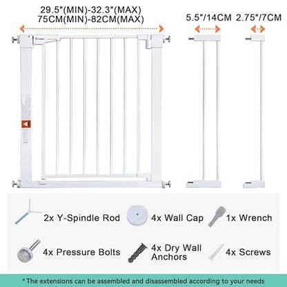 COMOMY 30" Tall Baby Gate for Stairs Doorways, Fits Openings 29.5" to 40.5" Wide, Auto Close Extra Wide Dog Gate for House, Pressure Mounted Easy Walk Through Pet Gate with Door, White