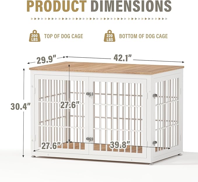rehomerance 42 Inch Heavy Duty Dog Crate Furniture for Large and Medium Dogs, Decorative Pet House End Table, Wooden Cage Kennel Furniture Indoor, Natural and White