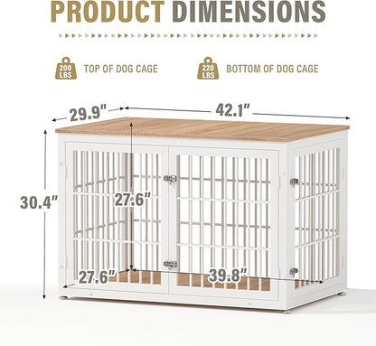 rehomerance 42 Inch Heavy Duty Dog Crate Furniture for Large and Medium Dogs, Decorative Pet House End Table, Wooden Cage Kennel Furniture Indoor, Natural and White