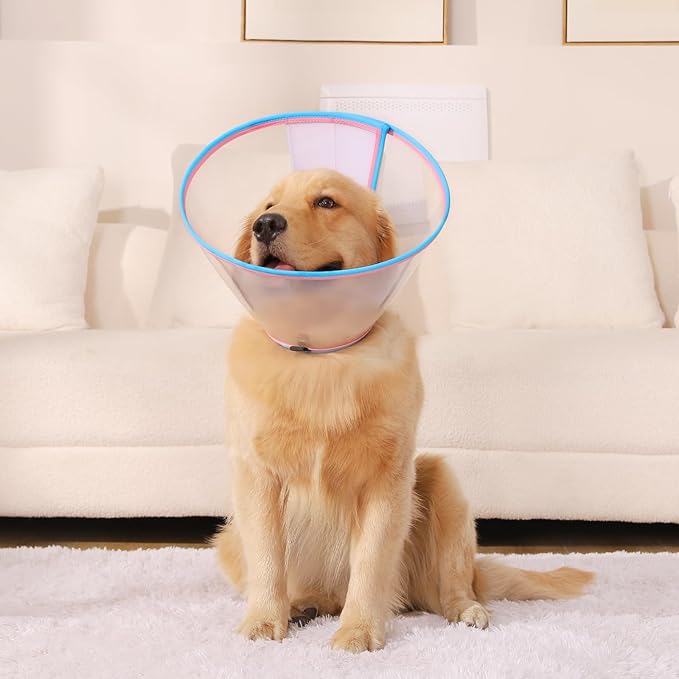 Soft Dog Cone Collar for Dogs After Surgery, Transparent Cone for Dogs to Stop Licking, Breathable Dog Neck Cone for Small Medium Large Dog, Adjustable Elizabethan Pet Recovery Collar (Pink, Size 5)