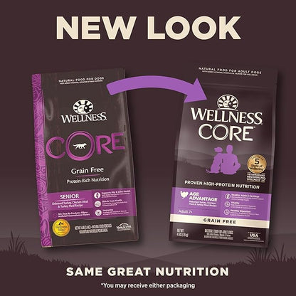 Wellness CORE Senior Dry Dog Food, Grain-Free, High Protein, Natural, Age Advantage Turkey & Chicken Recipe, (4-Pound Bag)