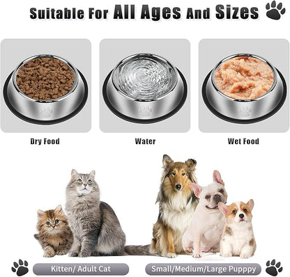 3Pcs Stainless Steel Dog Bowls Set with Dog Paw Pattern- Non-Slip Food and Water Bowl 20 Oz - Dishwasher-Safe, Rust Resistant Metal Pet Bowls for Small/Medium/Large Sized Pets