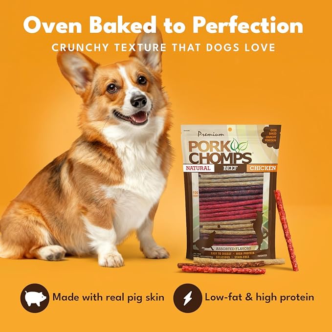 Pork Chomps Dog Chews, 5 Inch Munchy Sticks, 100 Count - Assorted Flavors: Roasted Pork, Chicken, & Bacon - Long-Lasting Treats for Dogs - High Protein, Low Fat, Healthy & Delicious Chews (1 Pack)