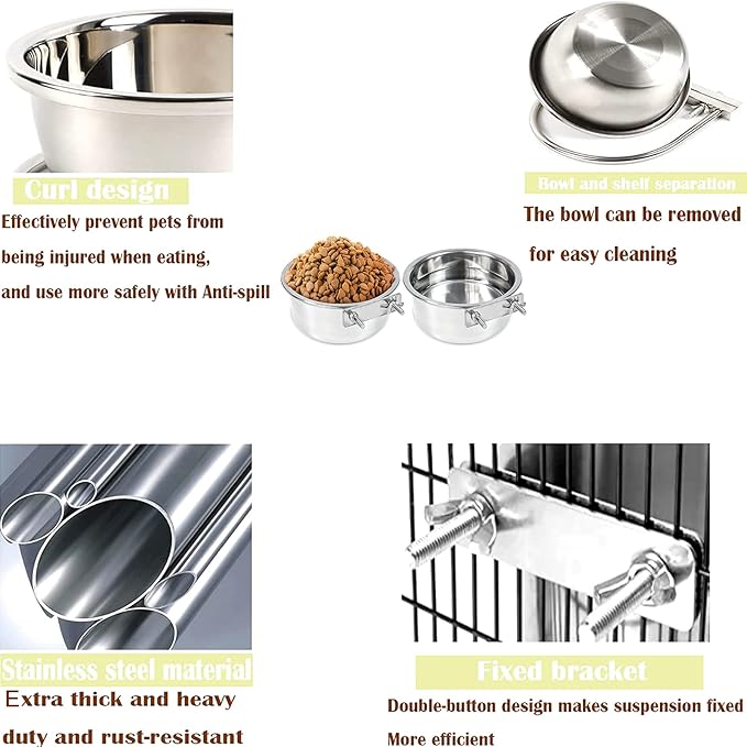 2 Pack Silver Stainless Steel Pet Bowls Anti-Spill Metal Feeder Food and Water Feeding Bowl, Hanging Cage Pet Crate Bowl for Puppy Kennel Medium Large Pets (Silver,L (7.1x2.6'' & 6.2x2.3''))