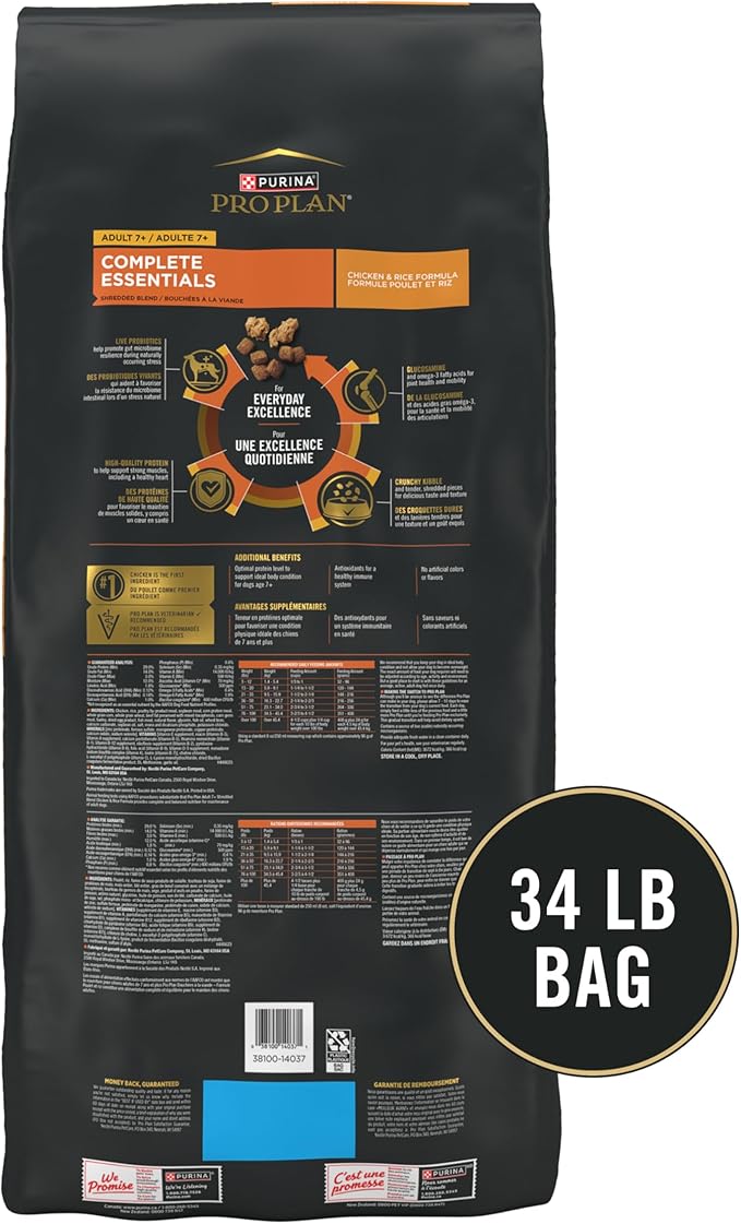 Purina Pro Plan Senior Dog Food With Probiotics for Dogs, Shredded Blend Chicken & Rice Formula - 34 lb. Bag