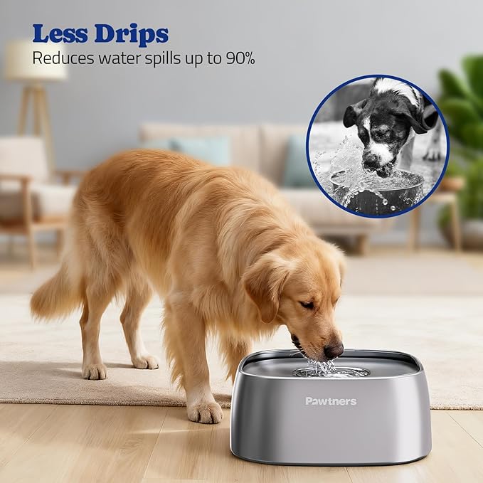 Pawtners All Stainless Steel Dog Water Bowl No Spill,135oz Anti-Splash Dog Bowl with Non-Slip Base, Spill Proof for Medium Large Messy Drinkers, Slow Drinking, Slobber Stopper,Easy to Clean