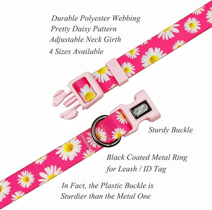 Dog Collar and Leash Set, Cute Pink Daisy Pattern, Polyester Material, 5ft Leash, for Large Dogs.(L, Daisy Set)
