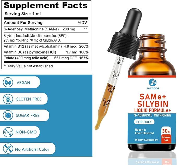 SAMEe for Dogs 500mg Liquid Drops with Silybin – Bacon Liver Flavored Liver Support Supplement for Dogs – S-Adenosyl Methionine & Milk Thistle Extract 60ml (2oz)