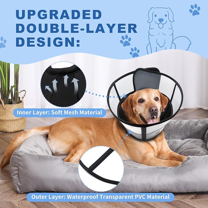 WinWeal Soft Dog Cone Collar for Dogs After Surgery, Transparent Breathable Pet Recovery Collar for Large Medium Dogs, Adjustable Dog Cone Collar, Elizabethan Collar (S, Black)