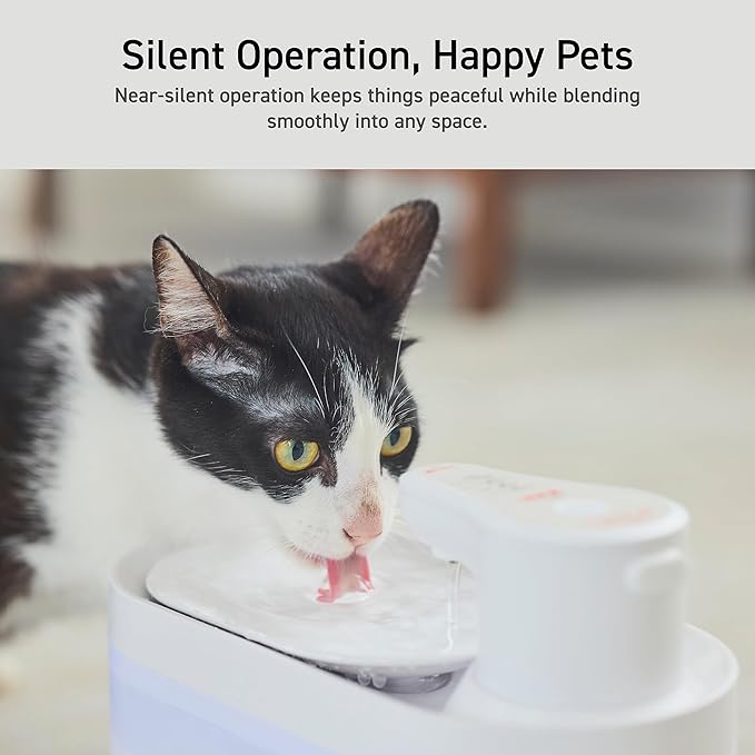ELECOM Silent Cordless Automatic Pet Water Fountain, 2.5L Capacity, Motion Sensor & Timer Mode, Rechargeable 5200mAh Battery, 3-Layer Filtration, for Cat and Small Dog (White)