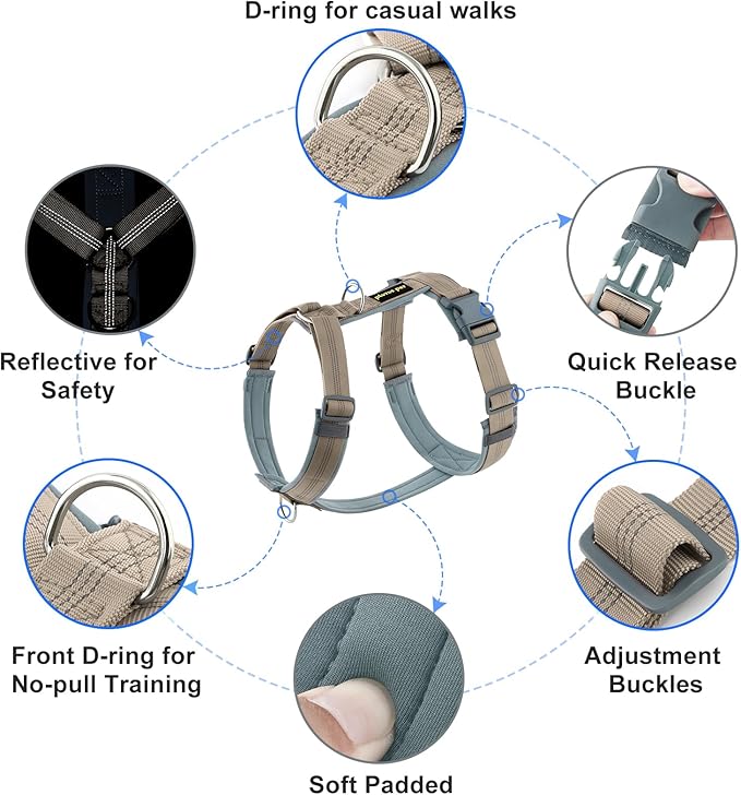 Plutus Pet No Pull Dog Harness, Adjustable Nylon Harness with Soft Padding, Reflective and Heavy Duty Dog Harness for Small, Medium, Large Dogs(Beige, XL)