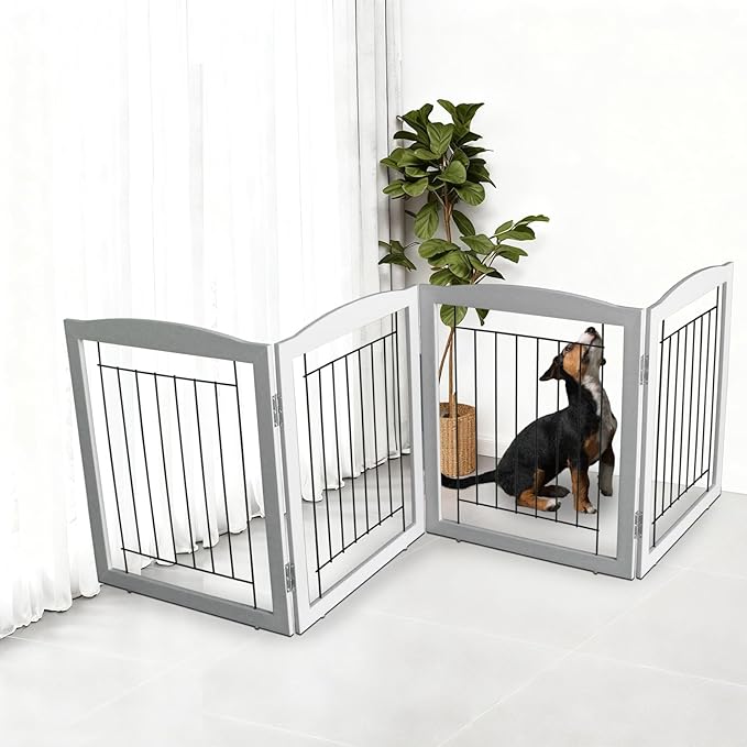 ZJSF Freestanding Foldable Dog Gate for House Extra Wide Wooden Grey Puppy Gate Stairs Dog Gates Doorways Tall Pet Gate 24" Height 4 Panels Pet Fence