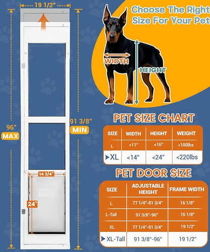 96 inch XL Dog Door for Sliding Glass Door - Left Amout from Inside, Adjustable Height: 96.38-96 in, Extra Large Flap: 14.75”(W) x 24”(H)