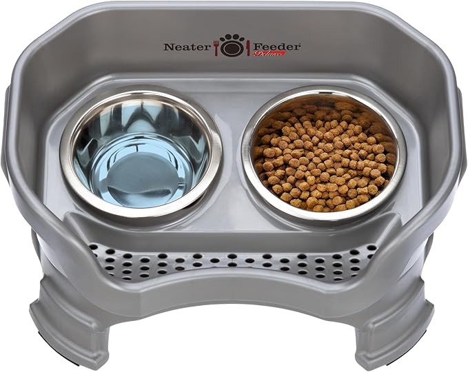 Neater Feeder Deluxe Mess-Proof Elevated Dog Bowls for Small Dogs (Up to 19 lbs), 2 Height Adjustable (6” & 7.5”) No-Spill Raised Dog Bowl Stand, Stainless Steel Food Bowl Set, Made in USA, Grey