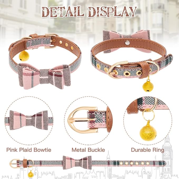 EXPAWLORER Dog Collar and Leash Set - Classic Plaid Dog Bow Tie and Bandana Collar with Bell, Dog Leash Tangle Free, Adjustable Collars for Puppy Small Dogs and Cats, Holiday Ideal Gift, Pink XS
