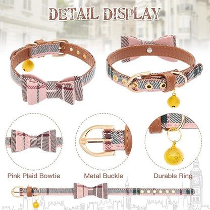 EXPAWLORER Dog Collar and Leash Set - Classic Plaid Dog Bow Tie and Bandana Collar with Bell, Dog Leash Tangle Free, Adjustable Collars for Puppy Small Dogs and Cats, Holiday Ideal Gift, Pink XS